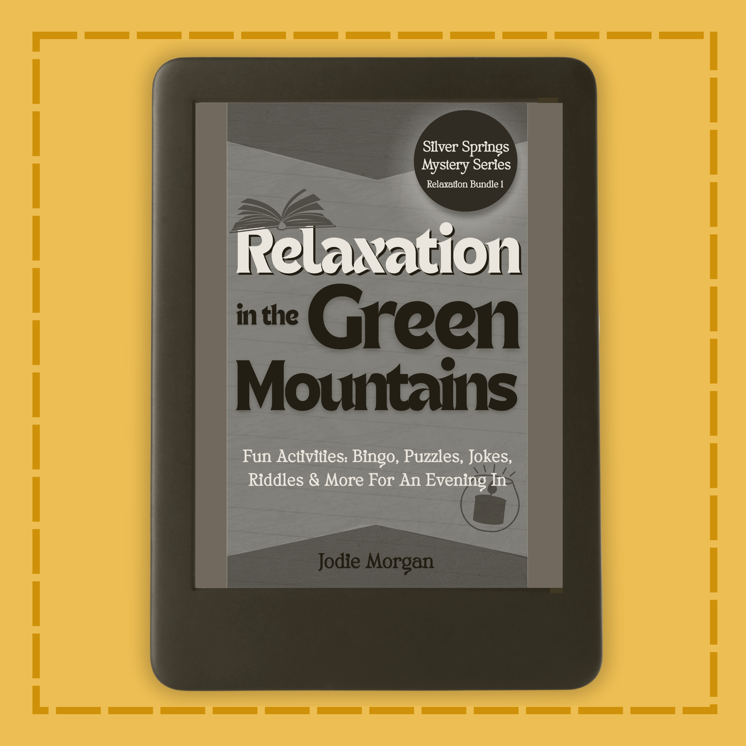 E-reader displaying a book cover titled 'Relaxation in the Green Mountains' on a yellow background.