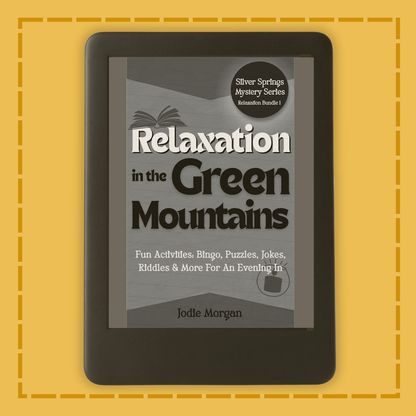 E-reader displaying a book cover titled 'Relaxation in the Green Mountains' on a yellow background.
