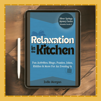 Ebook titled 'Relaxation in the Kitchen' on a tablet with a wooden background