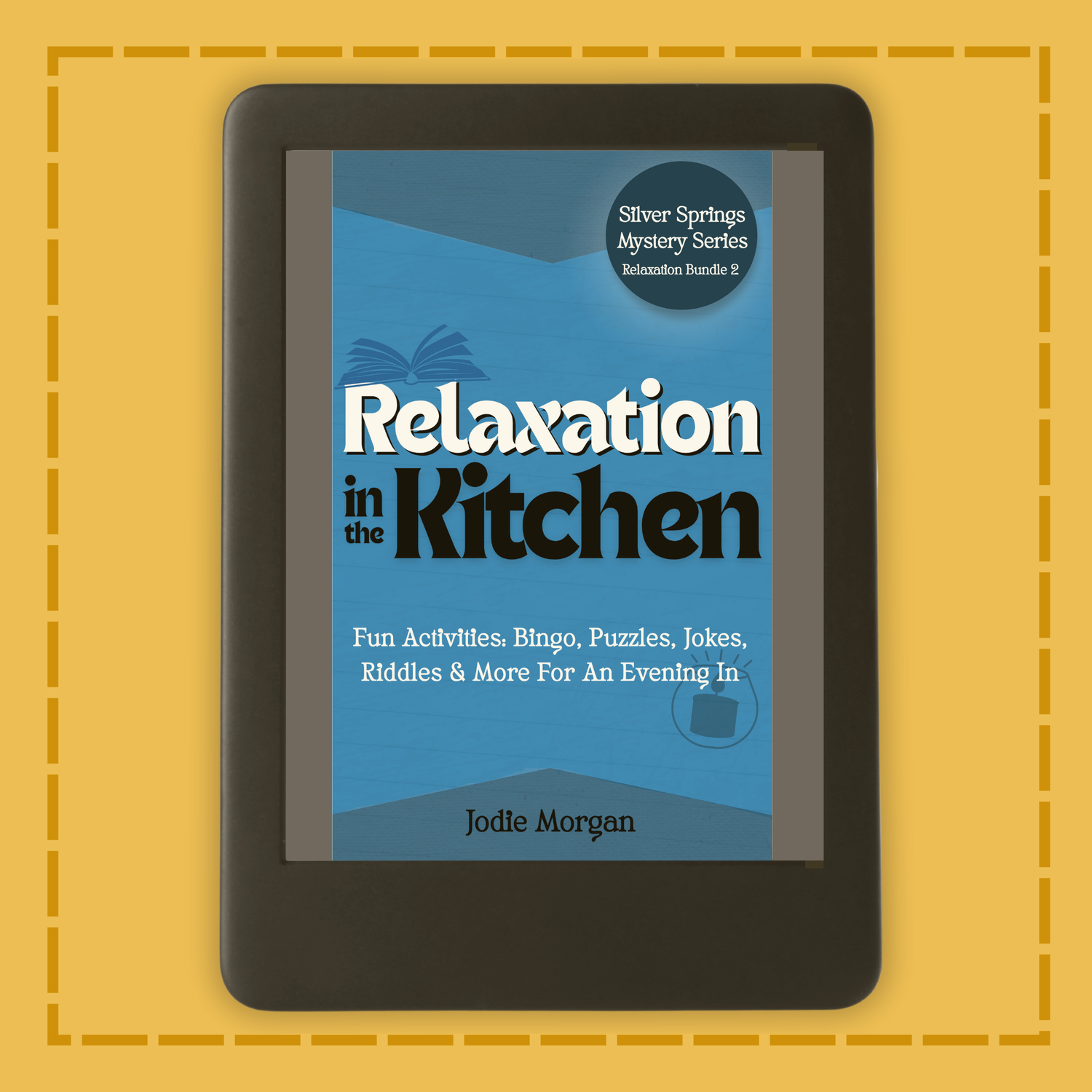 E-reader displaying a book cover titled 'Relaxation in the Kitchen' on a yellow background