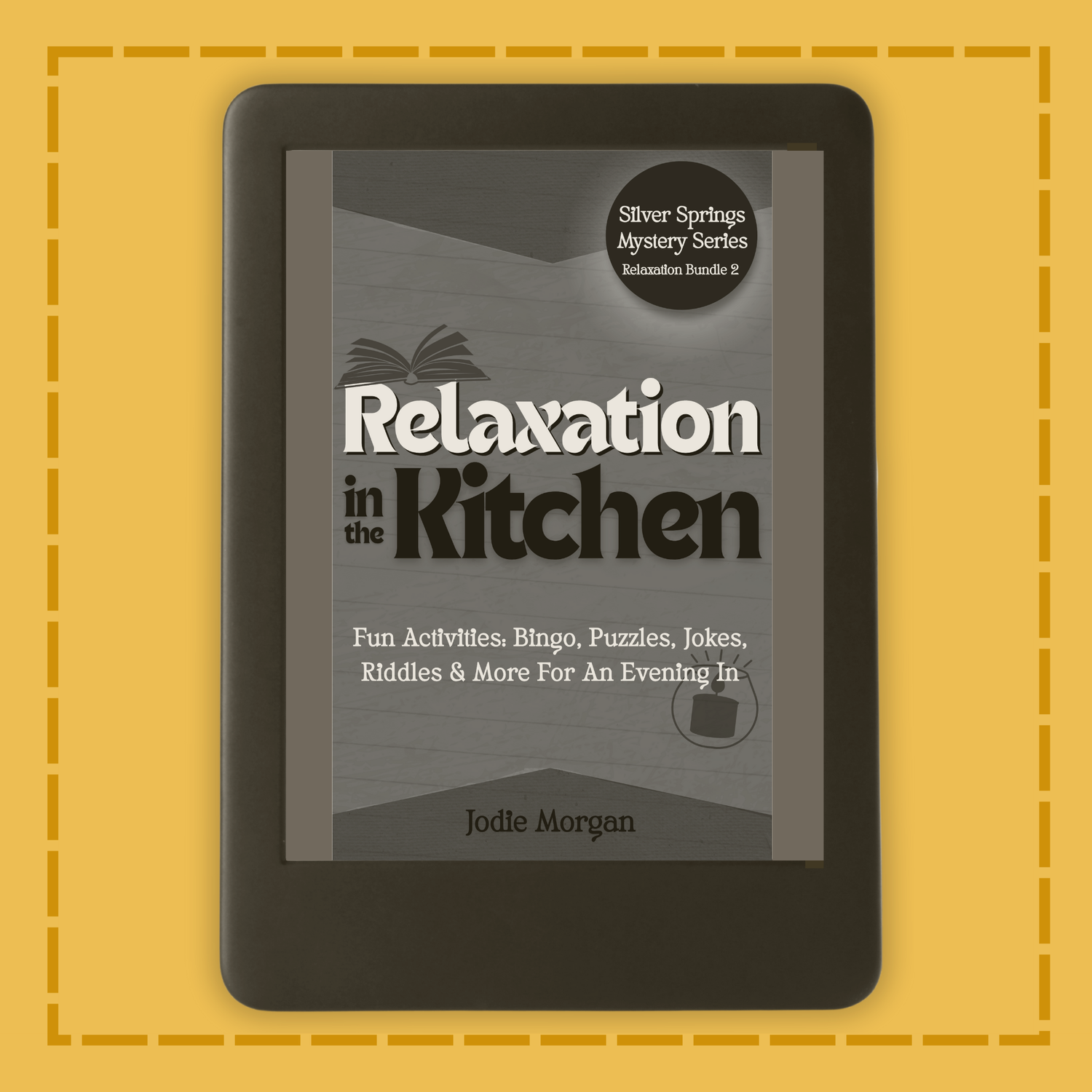 E-reader displaying a book cover titled 'Relaxation in the Kitchen' on a yellow background