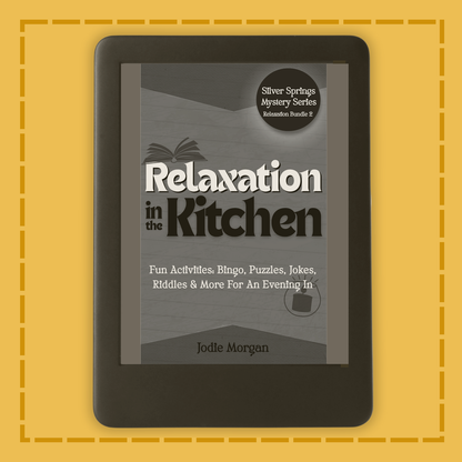 E-reader displaying a book cover titled 'Relaxation in the Kitchen' on a yellow background