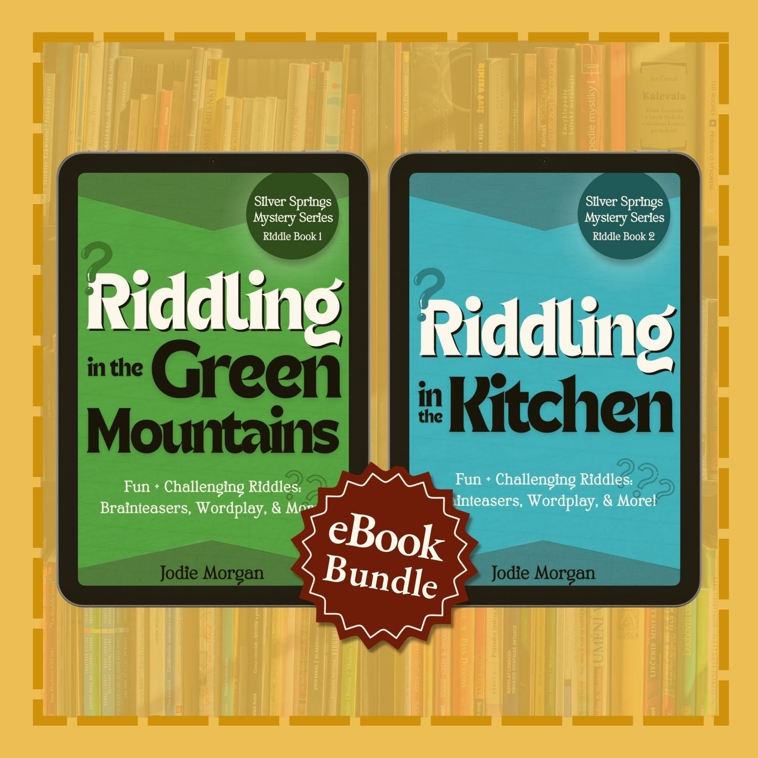 Two eBook covers titled 'Riddling in the Green Mountains' and 'Riddling in the Kitchen' with a banner indicating an eBook bundle on a bookshelf background.