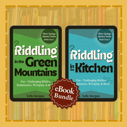 Two eBook covers titled 'Riddling in the Green Mountains' and 'Riddling in the Kitchen' with a banner indicating an eBook bundle on a bookshelf background.