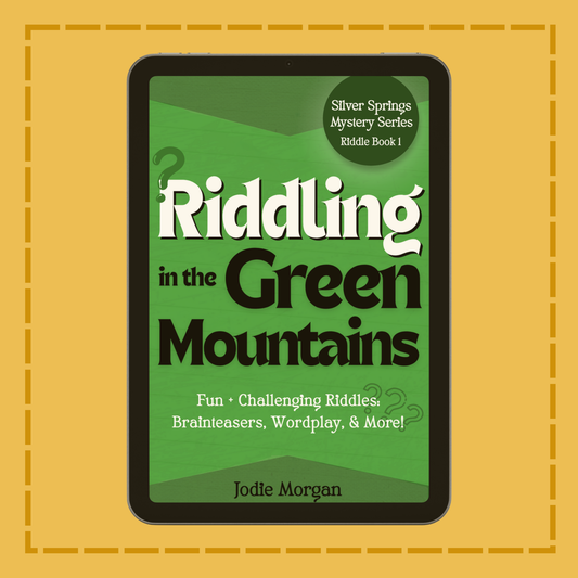 Book cover of 'Riddling in the Green Mountains' on a yellow background