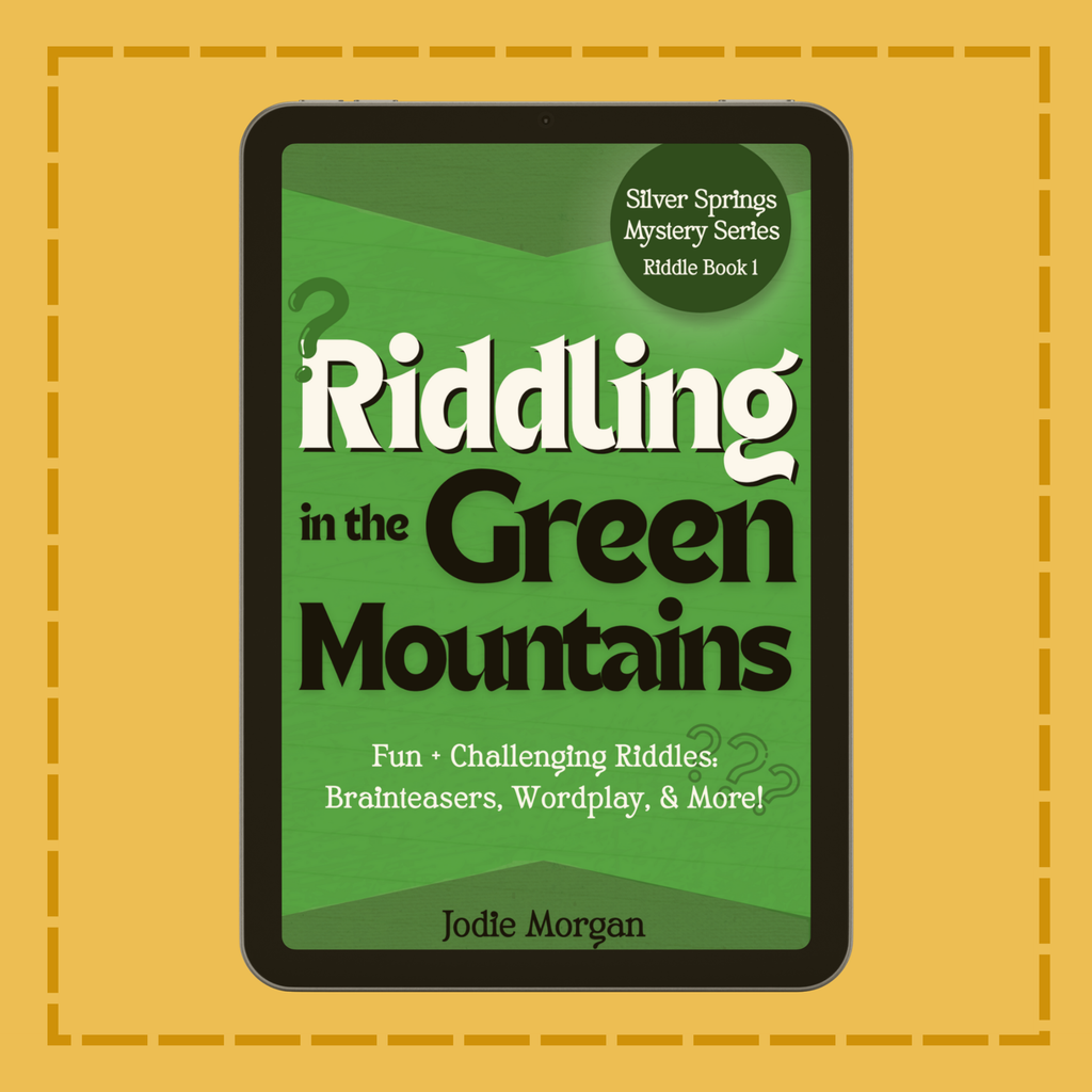 Book cover of 'Riddling in the Green Mountains' on a yellow background