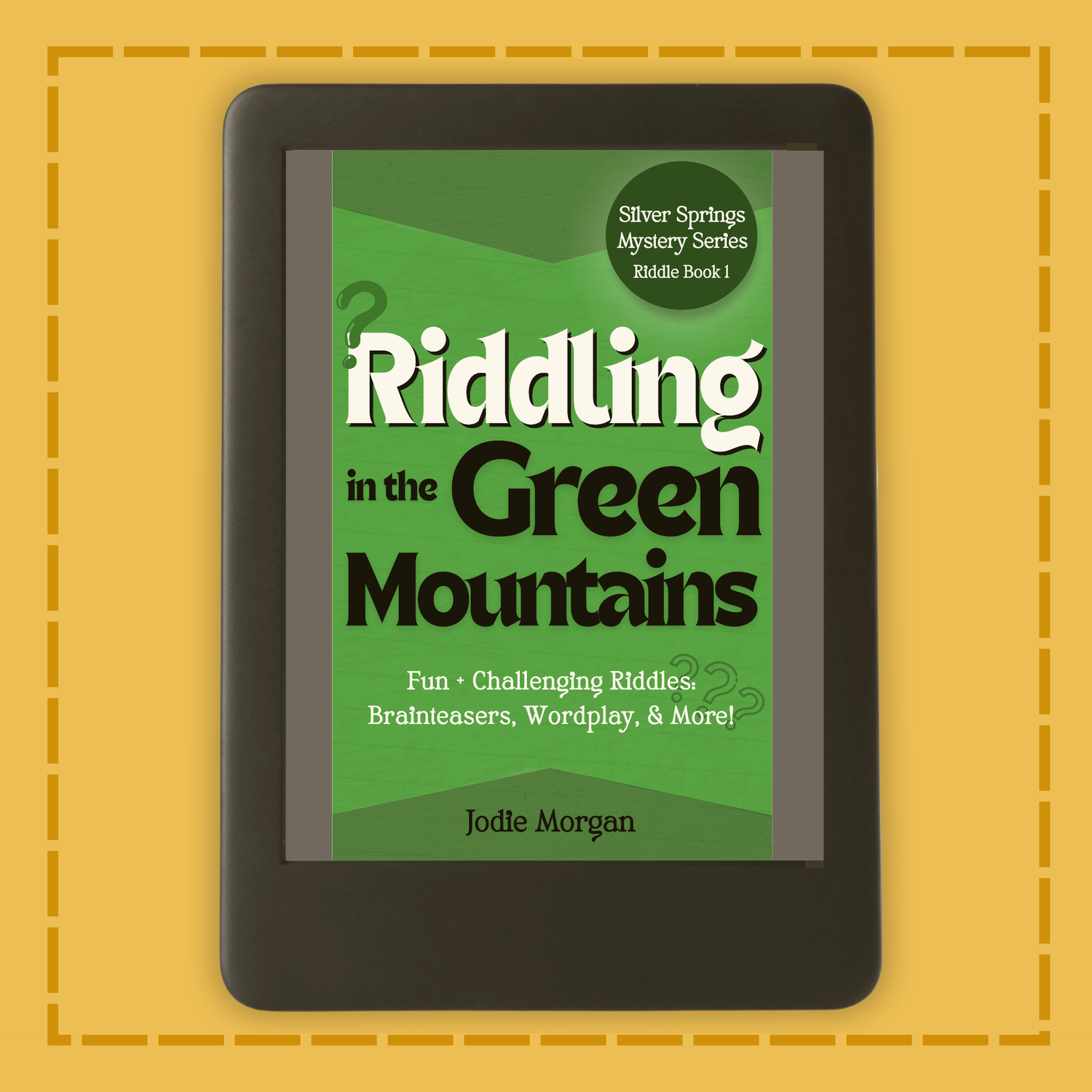 E-reader displaying the book cover of 'Riddling in the Green Mountains' on a yellow background