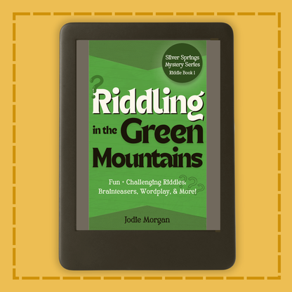 E-reader displaying the book cover of 'Riddling in the Green Mountains' on a yellow background