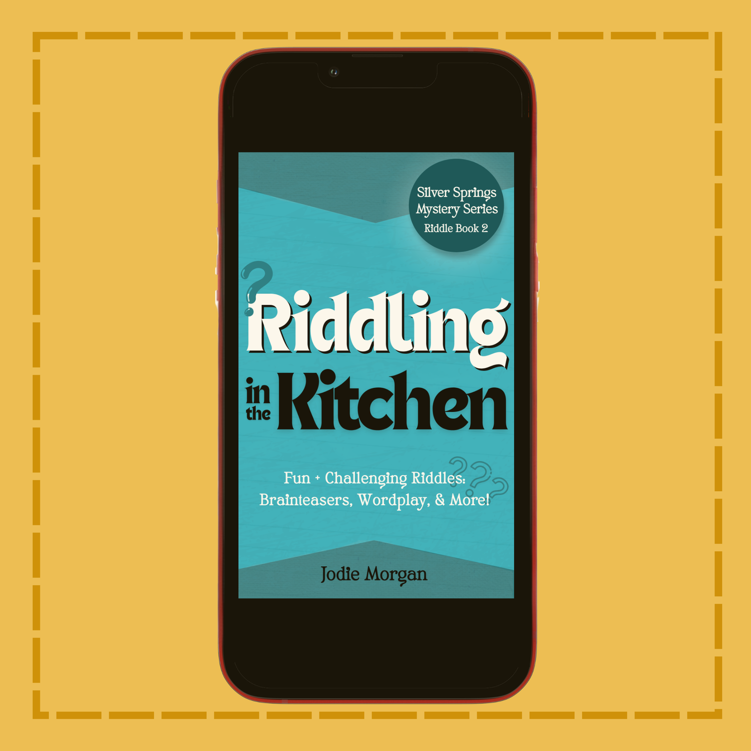 Phone displaying the book 'Riddling in the Kitchen' on a yellow background