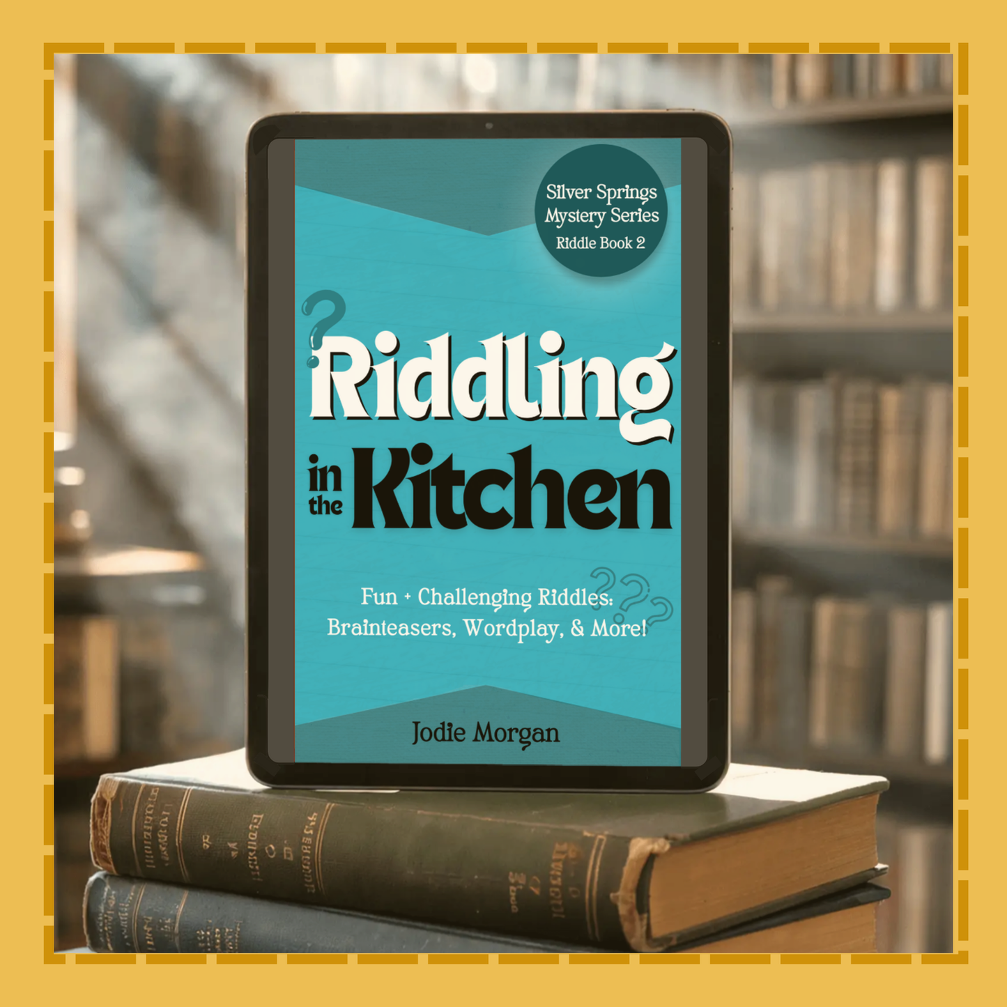 E-Reader displaying 'Riddling in the Kitchen' on a stack of books with a blurred bookshelf background.