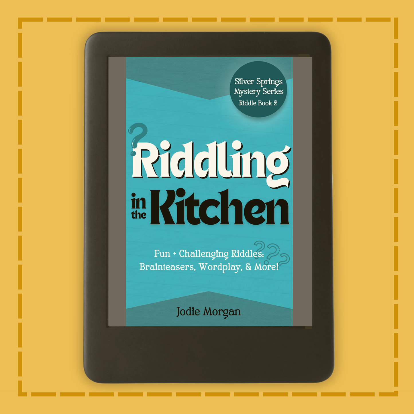 E-reader displaying the book cover of 'Riddling in the Kitchen' on a yellow background