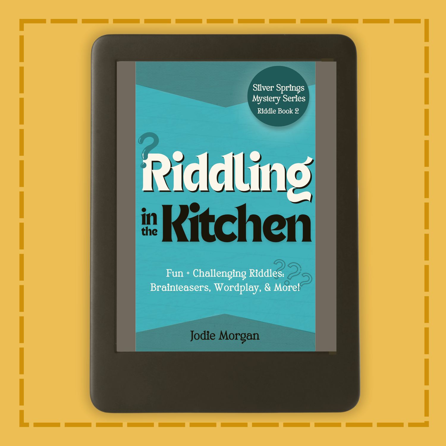E-reader displaying the book cover of 'Riddling in the Kitchen' on a yellow background