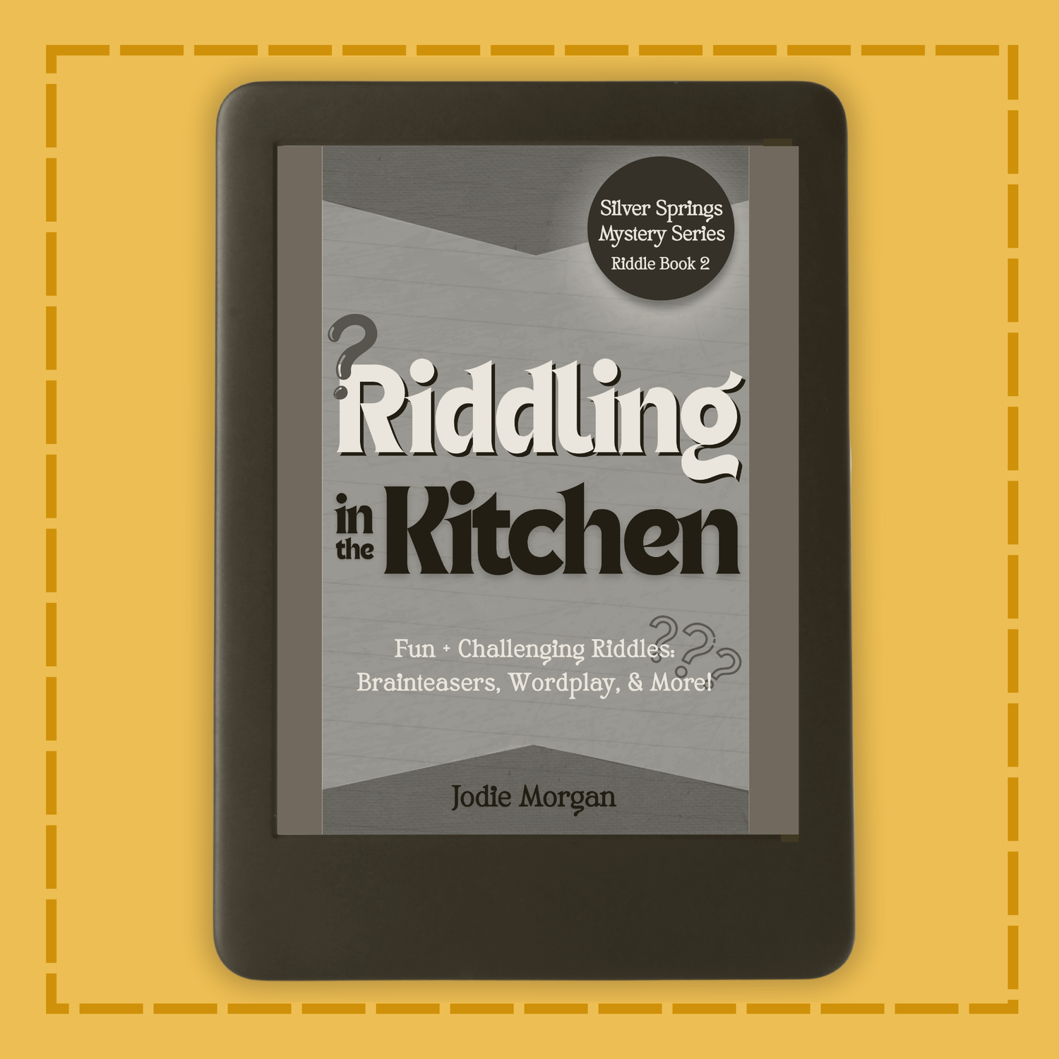 E-reader displaying the book cover of 'Riddling in the Kitchen' on a yellow background