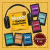 Collection of audio books and e-books with headphones on a yellow background, featuring titles related to cheese and investigations.