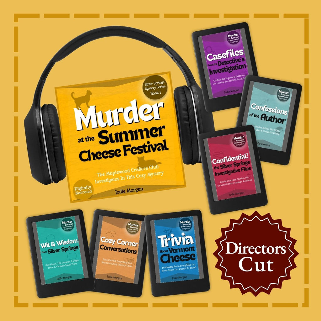 Collection of audio books and e-books with headphones on a yellow background, featuring titles related to cheese and investigations.