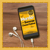 Phone displaying 'Murder at the Summer Cheese Festival' on a wooden surface with earphones.