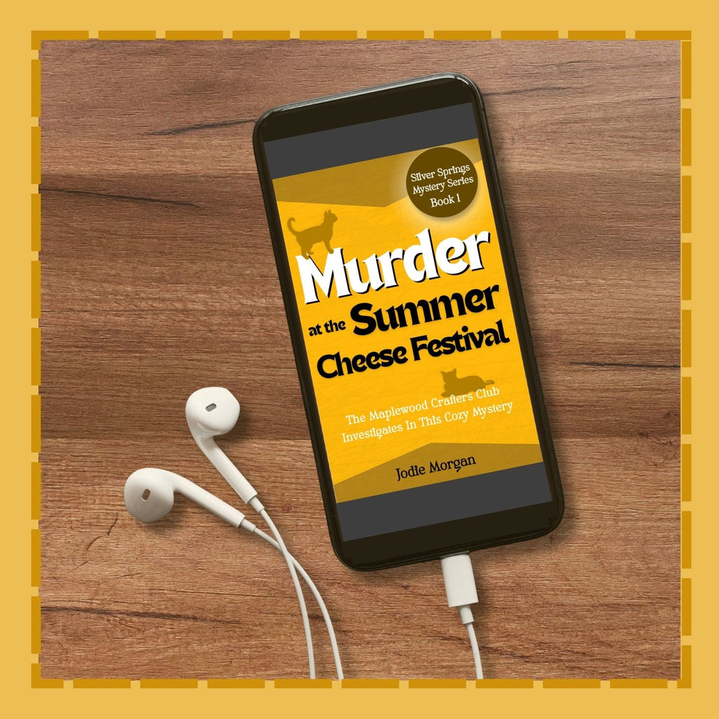 Phone displaying 'Murder at the Summer Cheese Festival' on a wooden surface with earphones.