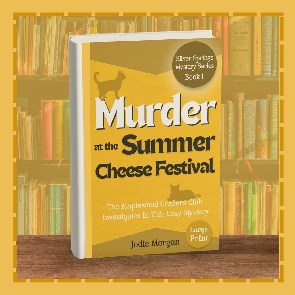 Book titled 'Murder at the Summer Cheese Festival' with a yellow cover and white text, set against a background of bookshelves.