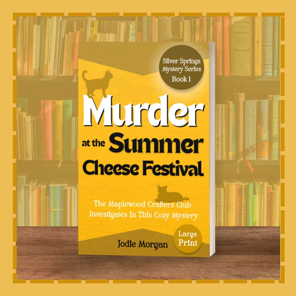 Book cover of 'Murder at the Summer Cheese Festival' with a yellow background and cat illustrations.