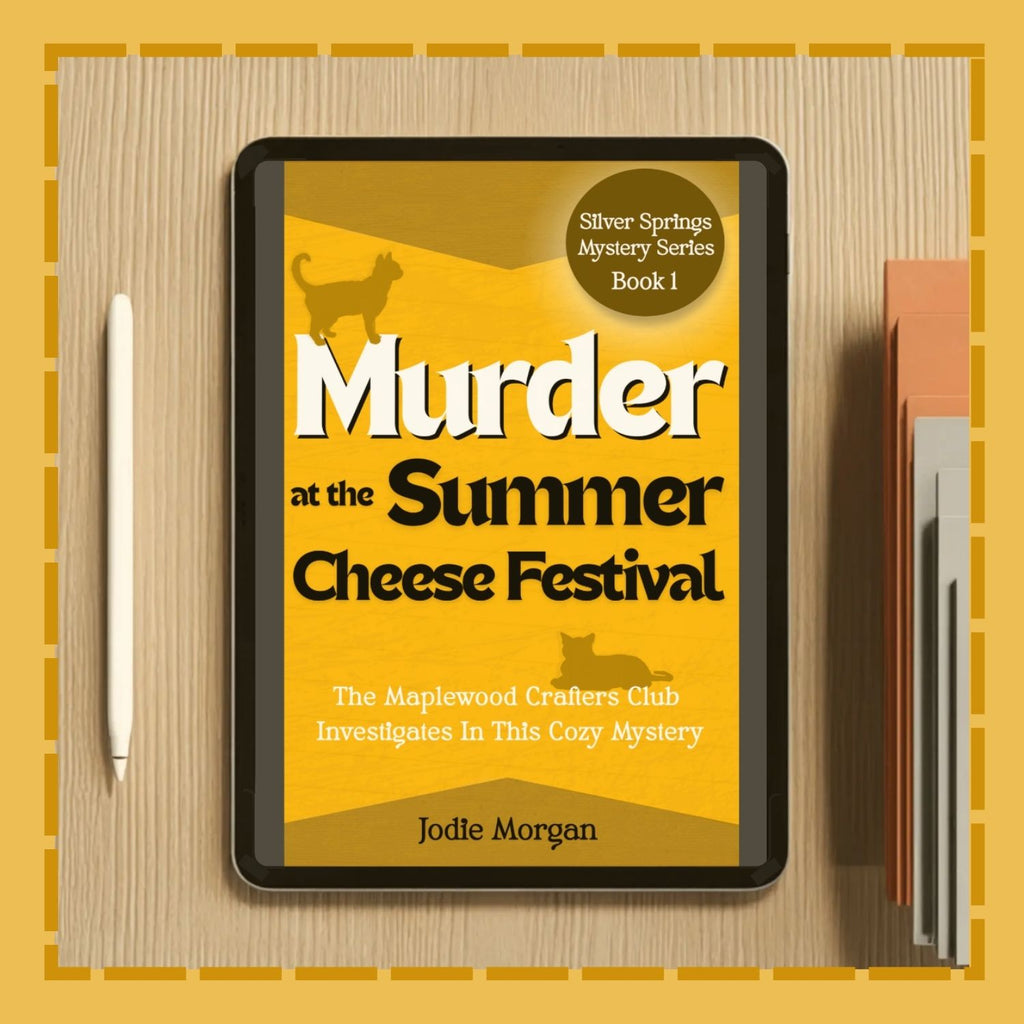 Murder At The Summer Cheese Festival on a tablet on a wooden table.