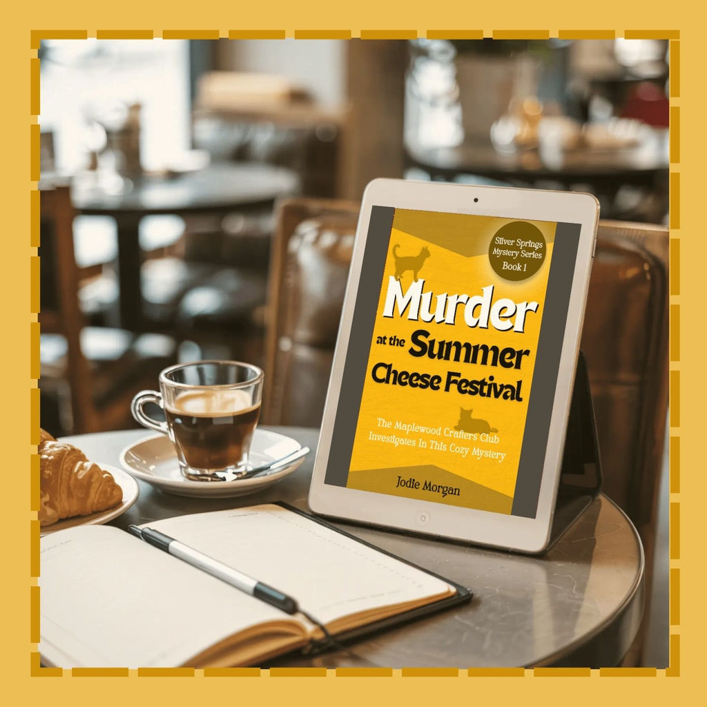 Tablet displaying a book cover titled 'Murder at the Summer Cheese Festival' on a table with a cup of coffee and a pastry.