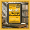 Murder At The Summer Cheese Festival on a tablet atop vintage books with bookshelf behind.