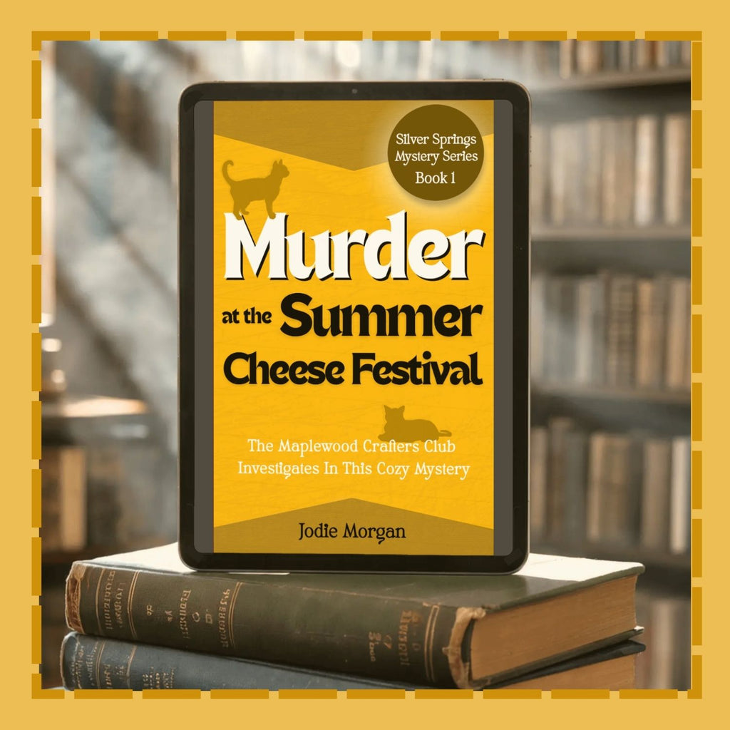 Murder At The Summer Cheese Festival on a tablet atop vintage books with bookshelf behind.