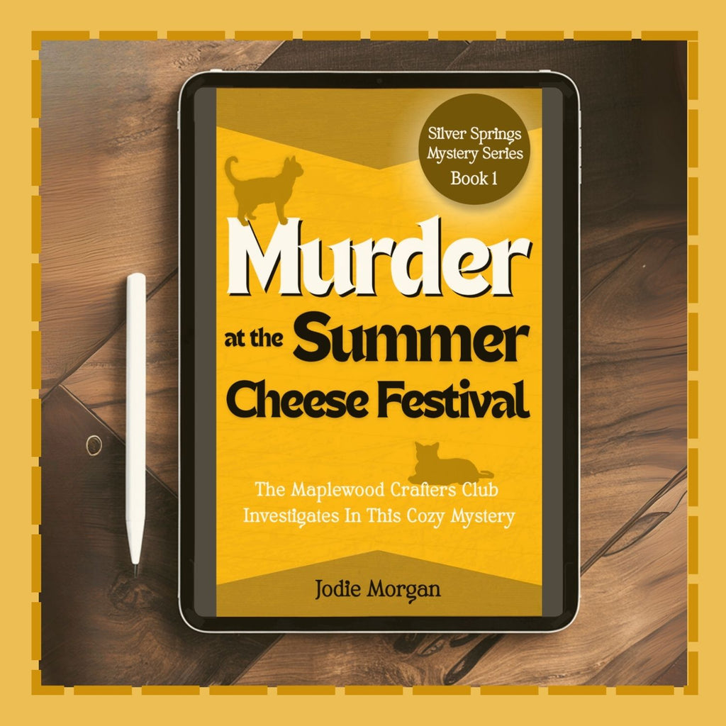 Ebook cover of 'Murder at the Summer Cheese Festival' on a tablet with a yellow border