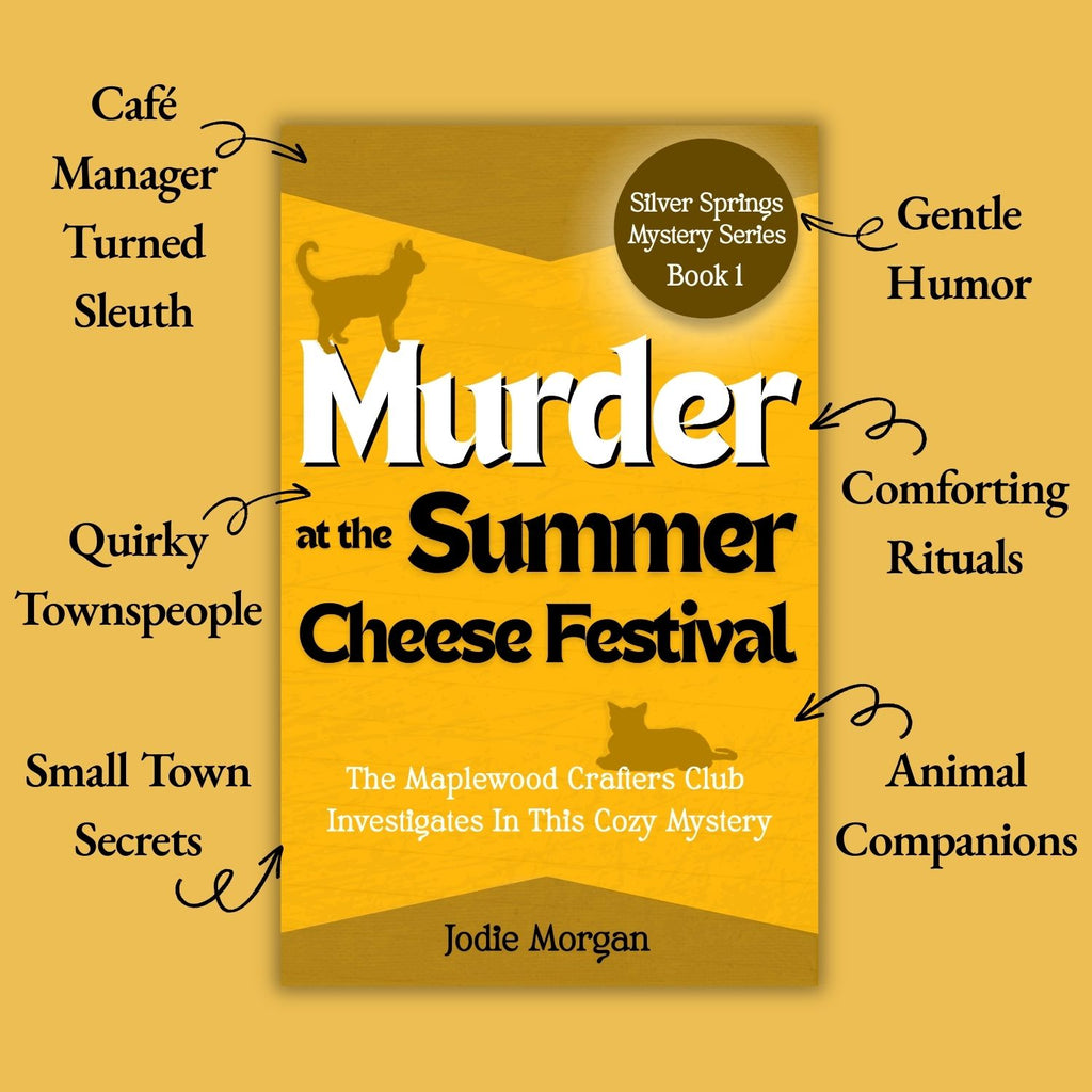Book cover of 'Murder at the Summer Cheese Festival' with text on a yellow background
