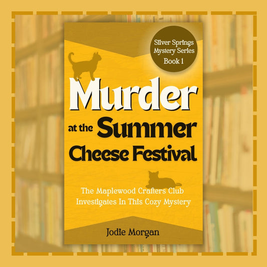 Murder At The Summer Cheese Festival book cover with a library background.