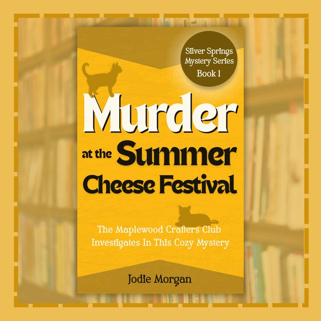 Murder At The Summer Cheese Festival book cover with a library background.