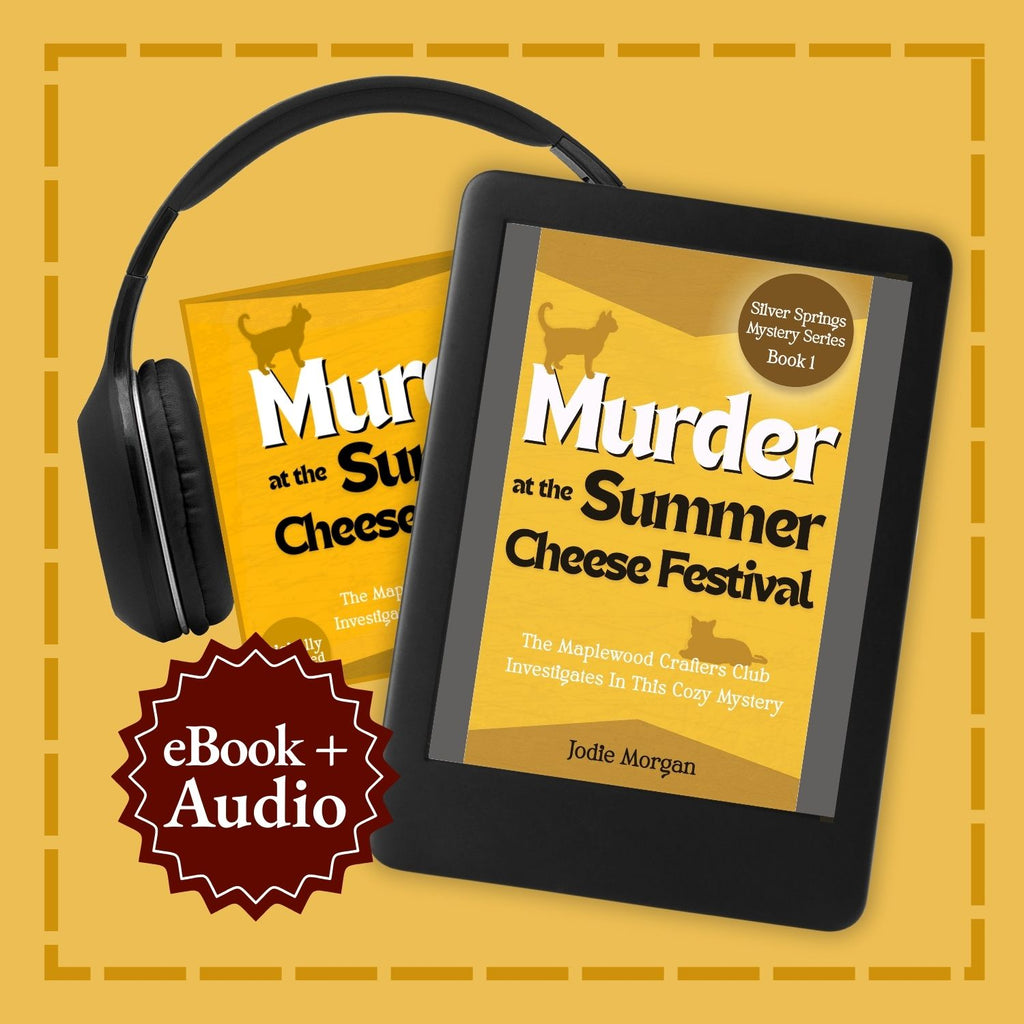 eBook and audio version of 'Murder at the Summer Cheese Festival' on a yellow background with headphones.
