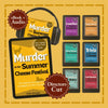 Promotional graphic for 'Murder at the Summer Cheese Festival' with digital book covers and headphones on a yellow background.