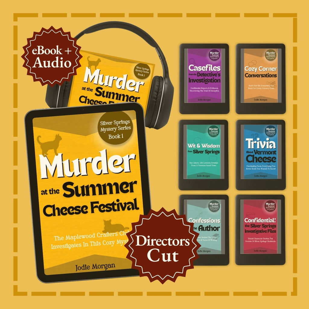 Promotional graphic for 'Murder at the Summer Cheese Festival' with digital book covers and headphones on a yellow background.
