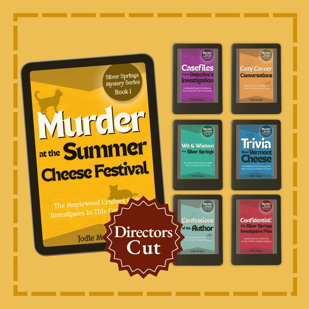 Collection of book covers and a tablet with 'Murder at the Summer Cheese Festival' on a yellow background