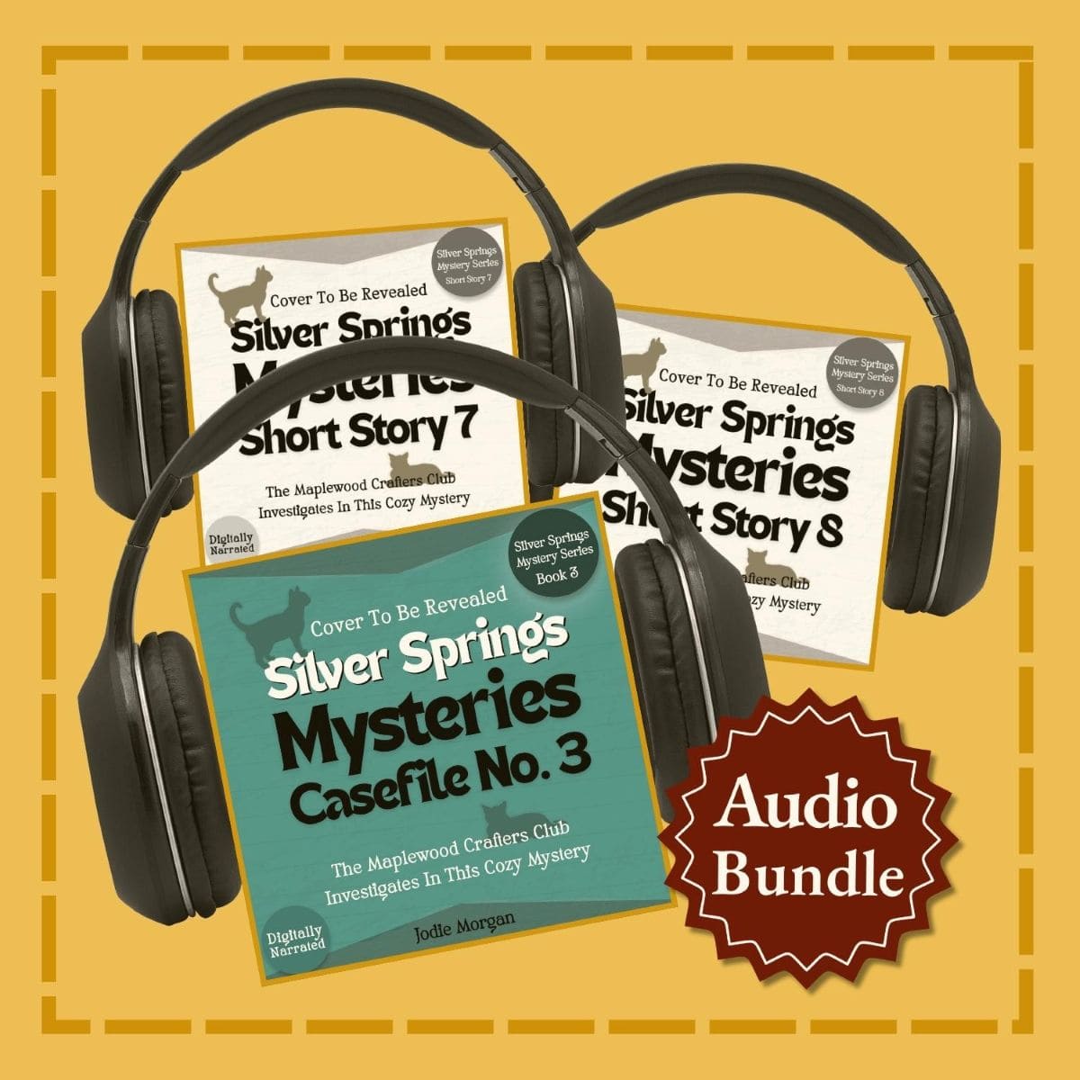Audio bundle with headphones and 'Silver Springs Mysteries' books on a yellow background