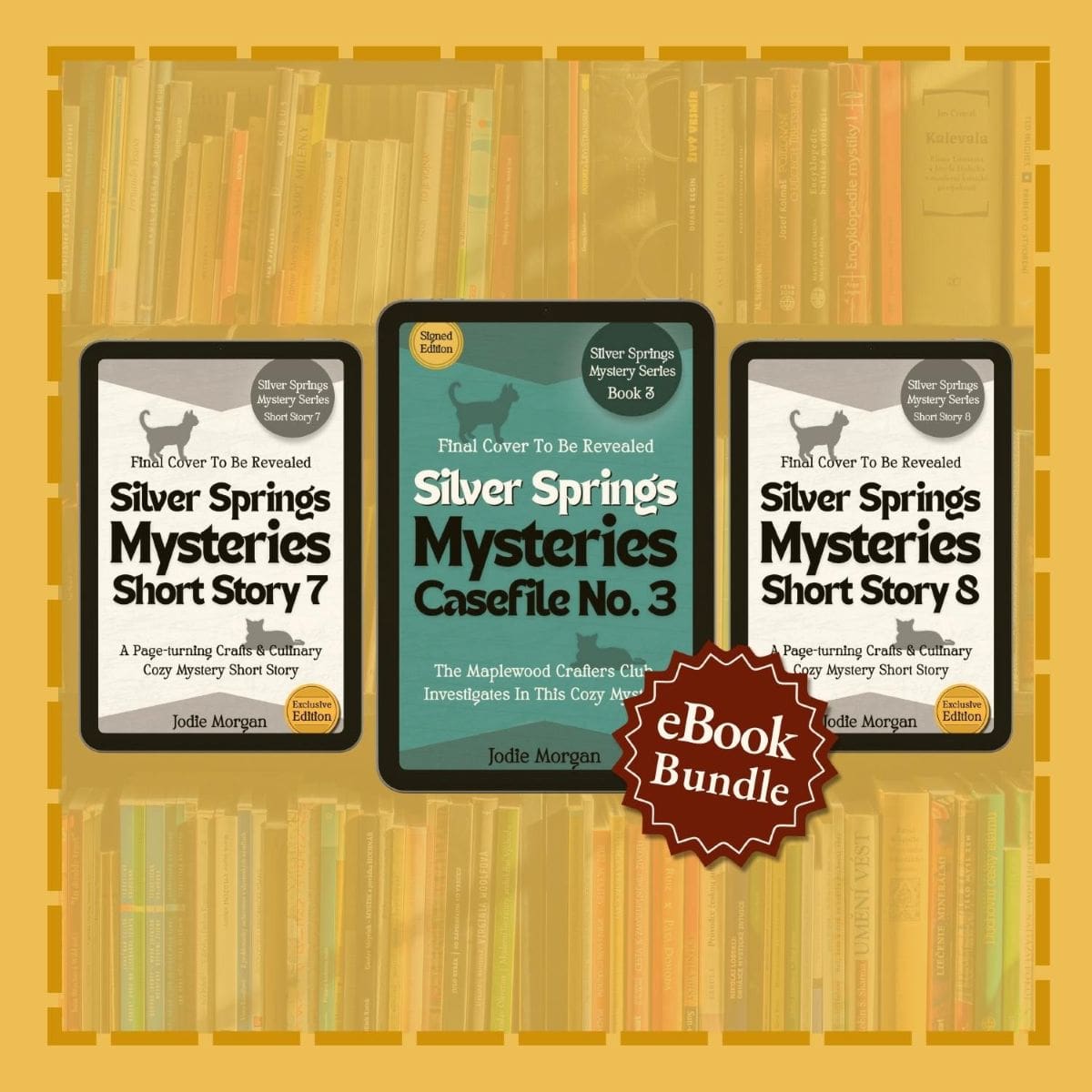 eBook bundle of 'Silver Springs Mysteries' books on a yellow background with bookshelf design.