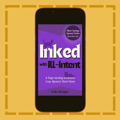 Phone displaying the book cover of 'Inked with Ill-Intent' on a yellow background