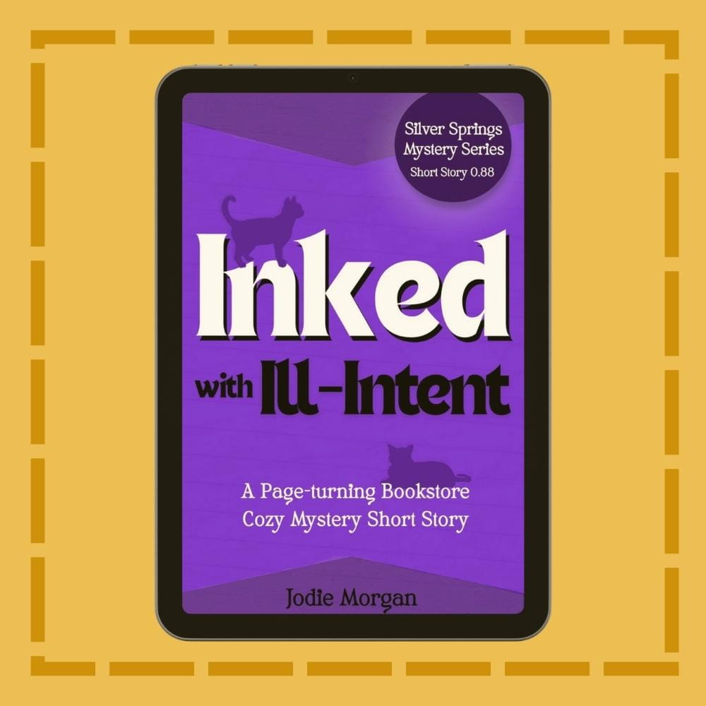 Ebook cover of 'Inked with Ill-Intent' on a purple background with a cat silhouette, displayed on a tablet.