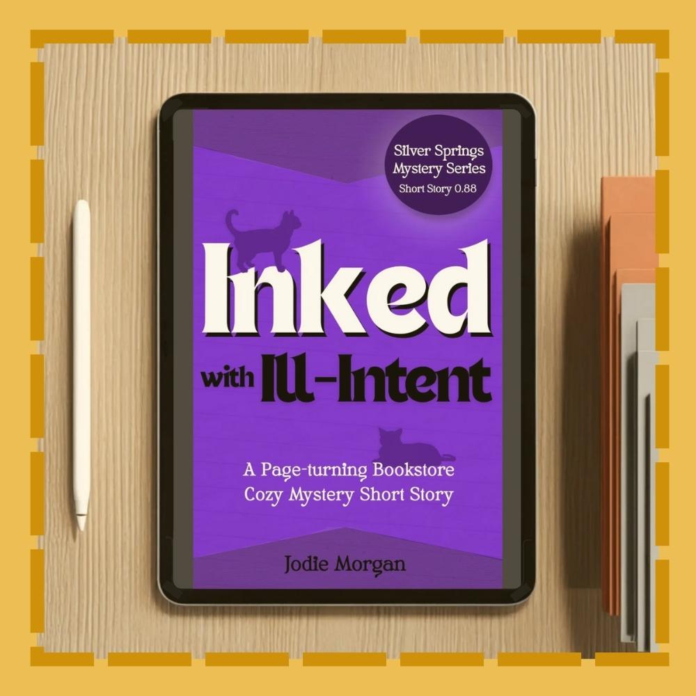 Ebook cover of 'Inked with Ill-Intent' on a digital device with a yellow border