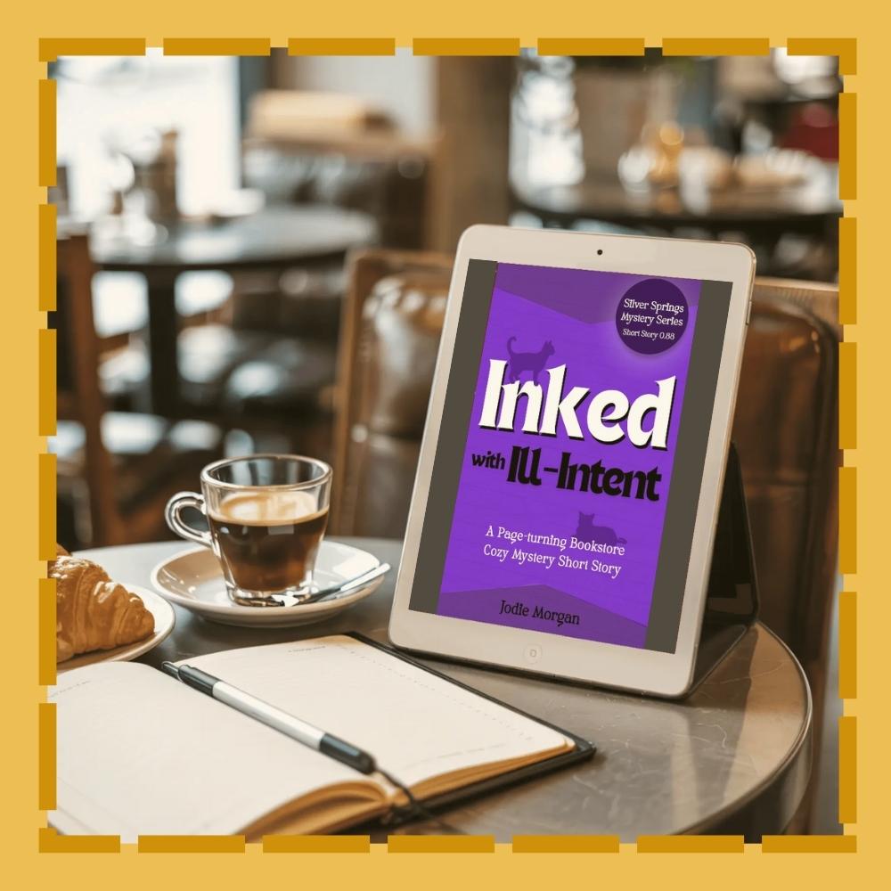 Tablet displaying a book cover titled 'Inked with Ill Intent' on a table with a cup of coffee and notebook.