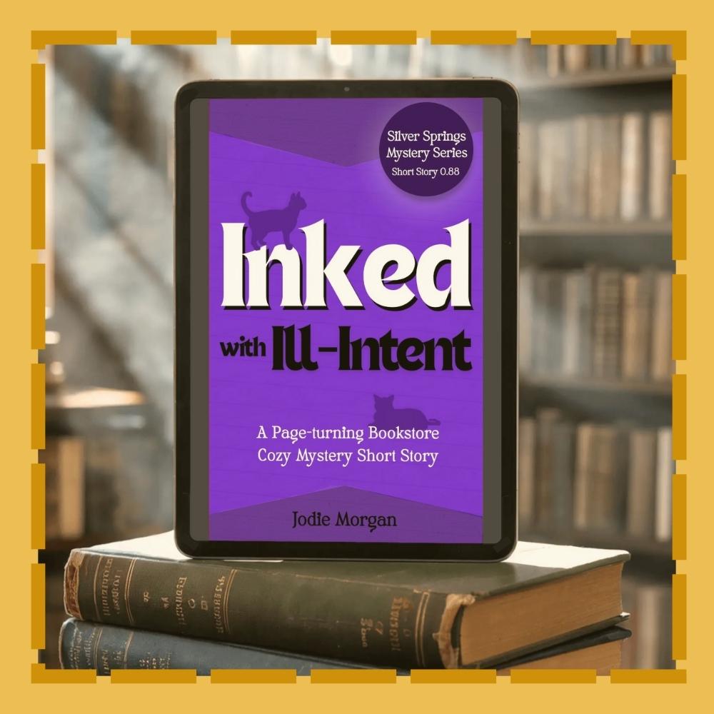 E-reader displaying 'Inked with Ill-Intent' on a stack of books with a blurred bookshelf background