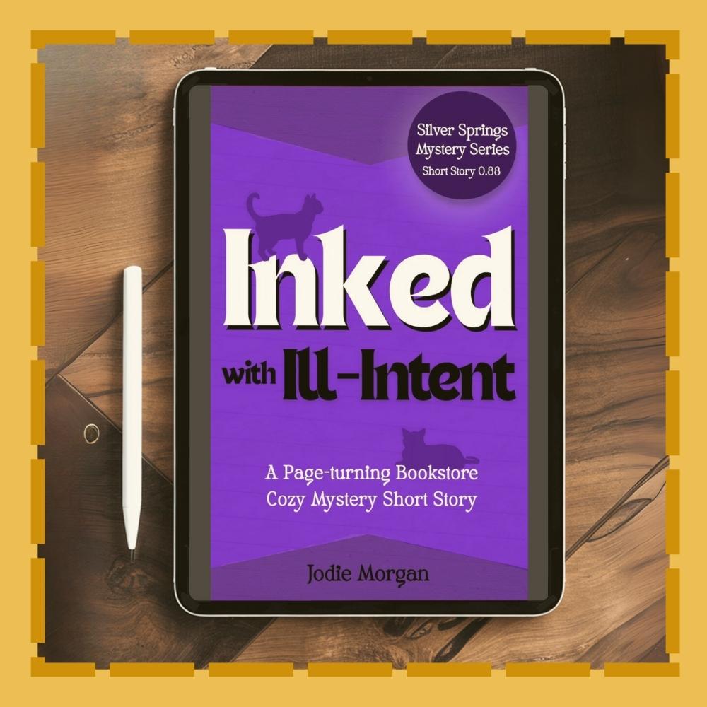 E-reader displaying a book cover titled 'Inked with Ill-Intent' on a wooden surface.