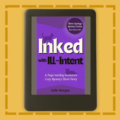 E-reader displaying a book cover titled 'Inked with Ill-Intent' on a yellow background