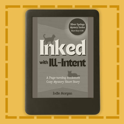 E-reader displaying a book cover with 'Inked with Ill-Intent' on a yellow background