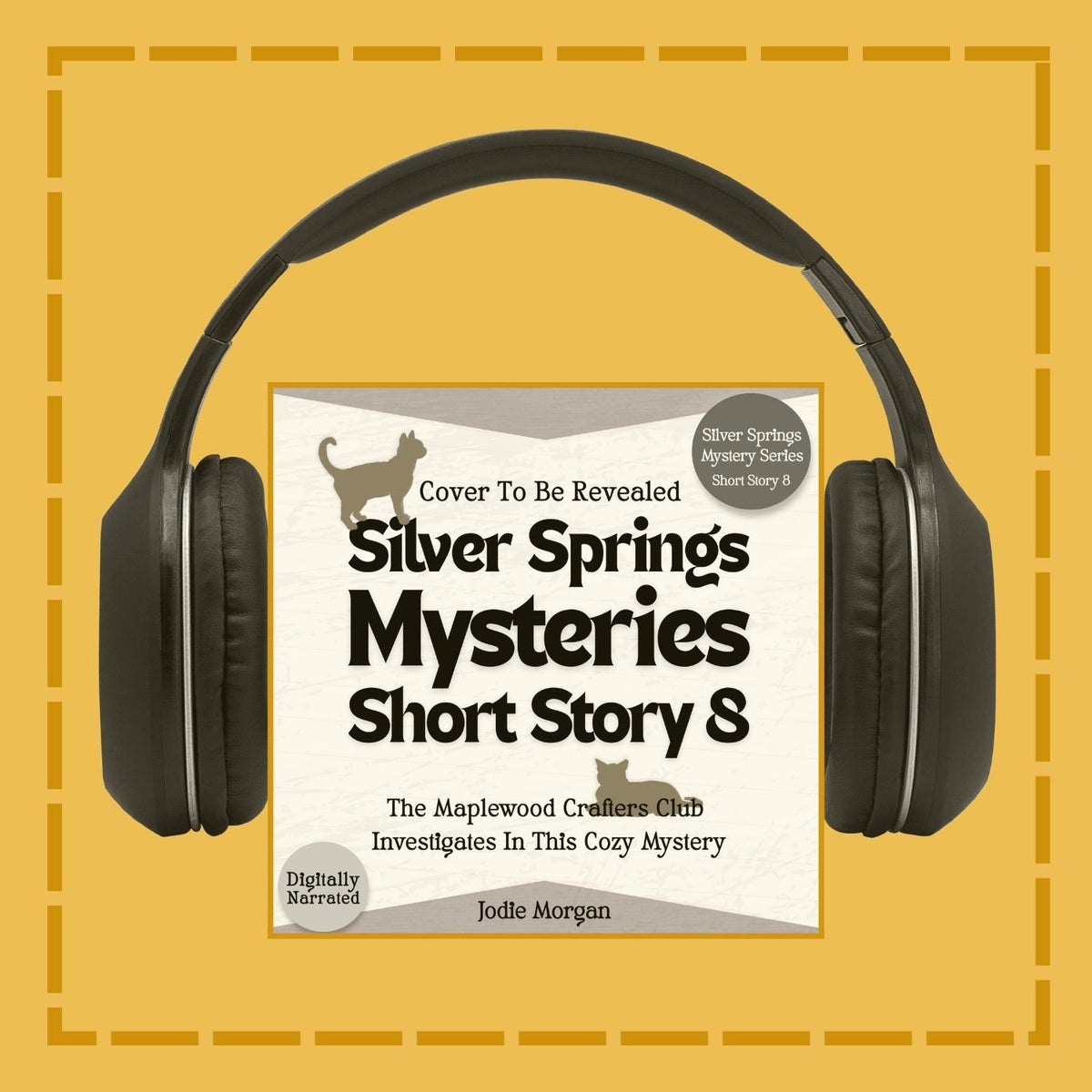 Headphones with a book cover titled 'Silver Springs Mysteries Short Story' on a yellow background