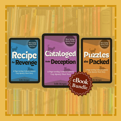Three eBook covers titled 'Recipe for Revenge', 'Cataloged Under Deception', and 'Puzzles she Packed' on a yellow background with bookshelf pattern.