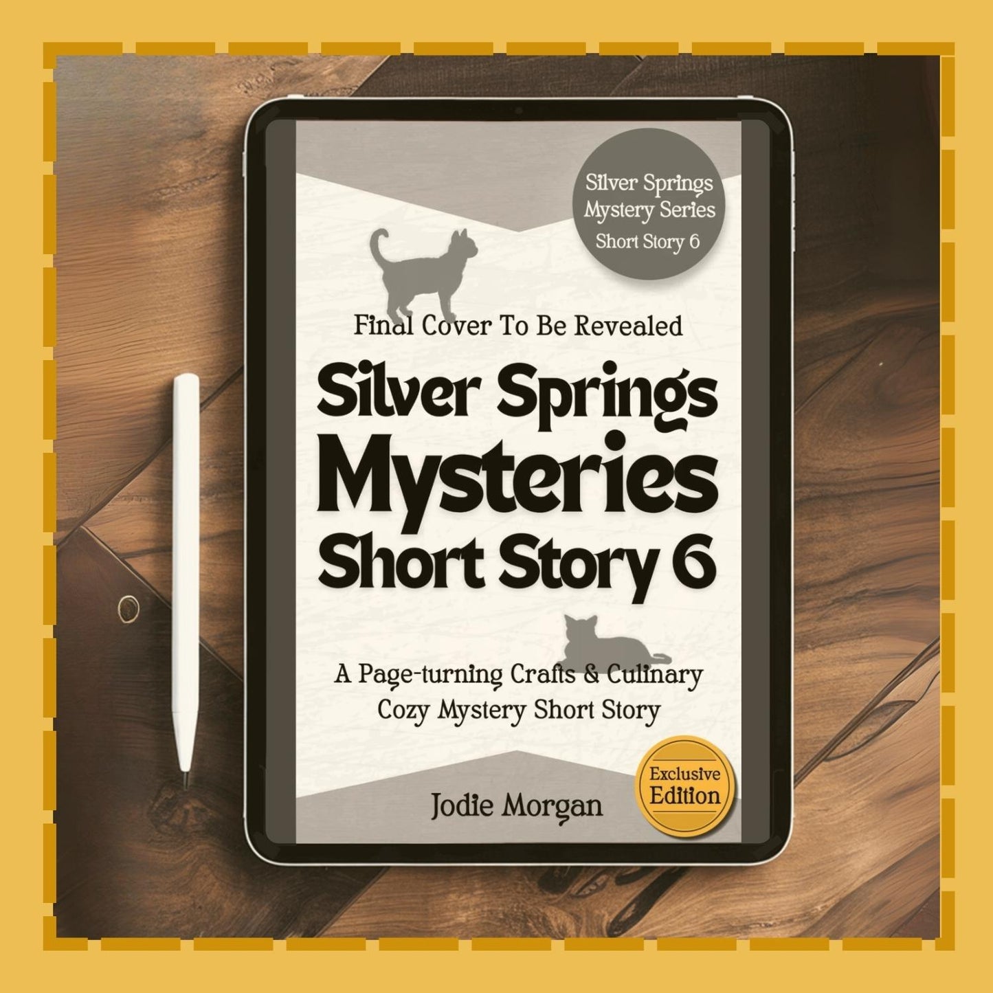 E-reader displaying 'Silver Springs Mysteries Short Story 6' on a wooden surface