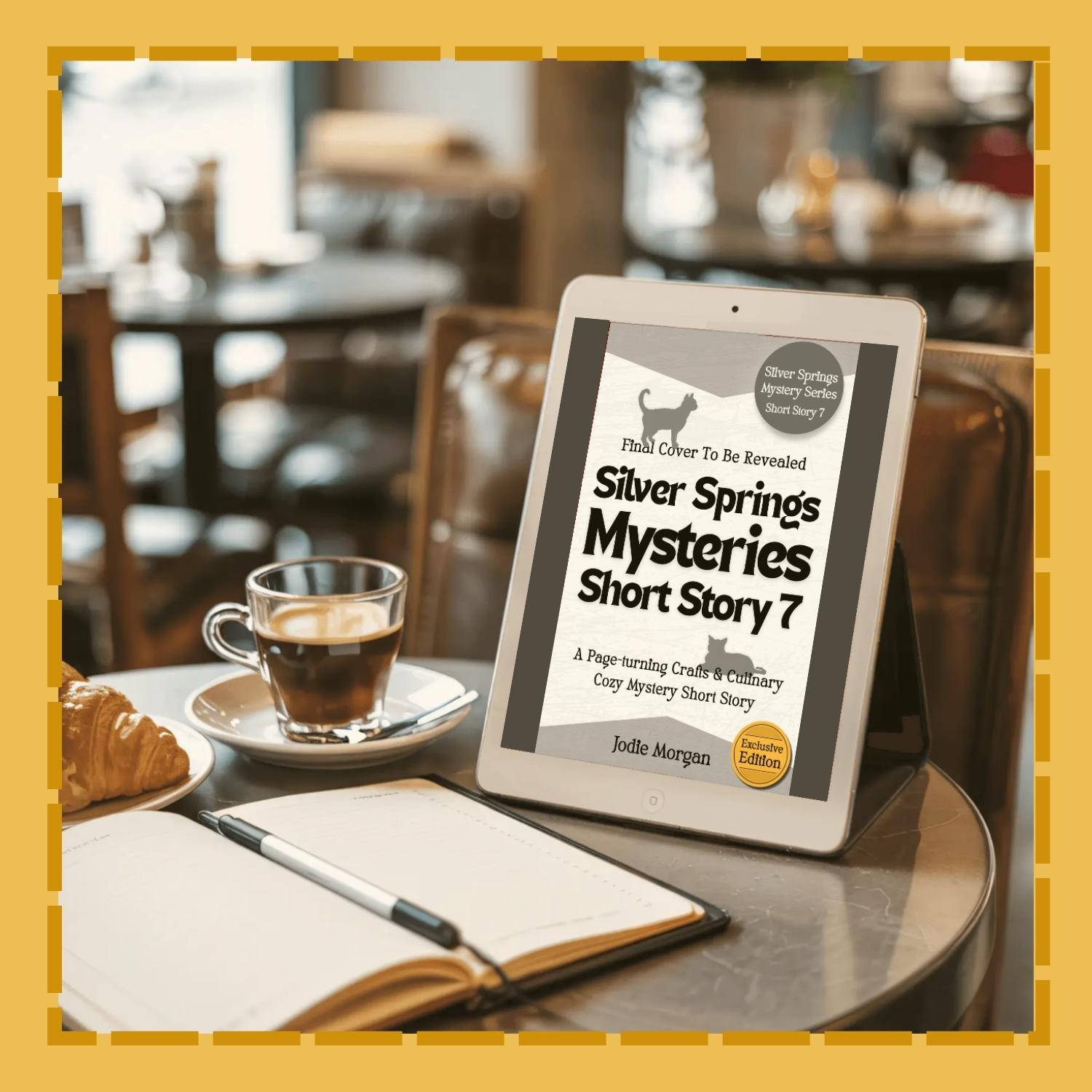 Tablet displaying a book cover on a table with a cup of coffee and notebook.