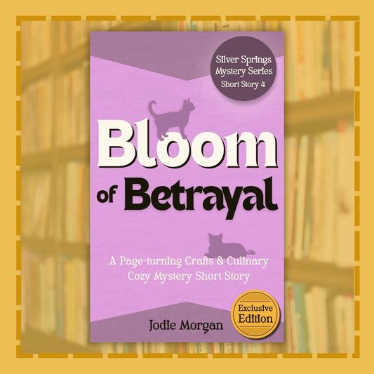 Book cover of 'Bloom of Betrayal' by Jodie Morgan with a purple background and cat silhouettes.